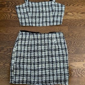 black, white and yellow tweed plaid two piece set